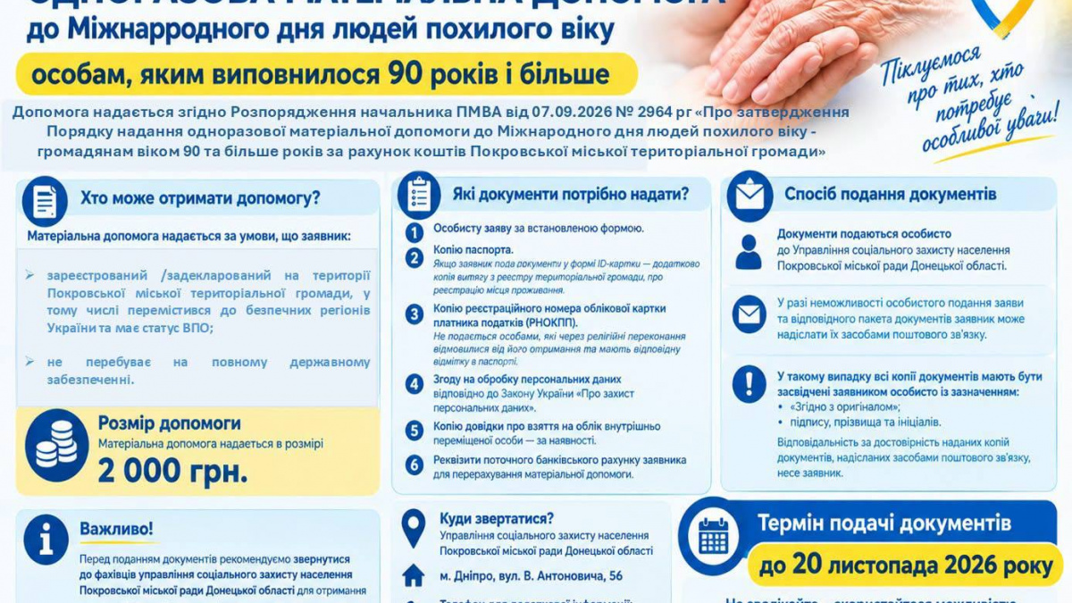 Виплата 2 000 грн до Дня людей похилого віку: хто з покровчан може отримати допомогу та куди звертатися